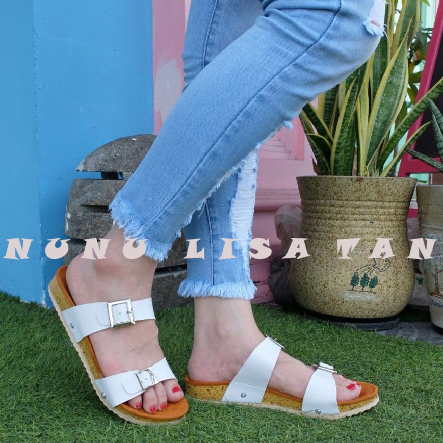 NunuLisaTan - Termurah 2 Warna SEndal Selop Flat WANITA BIRKEN KOKOP Sintetis Hitam Putih