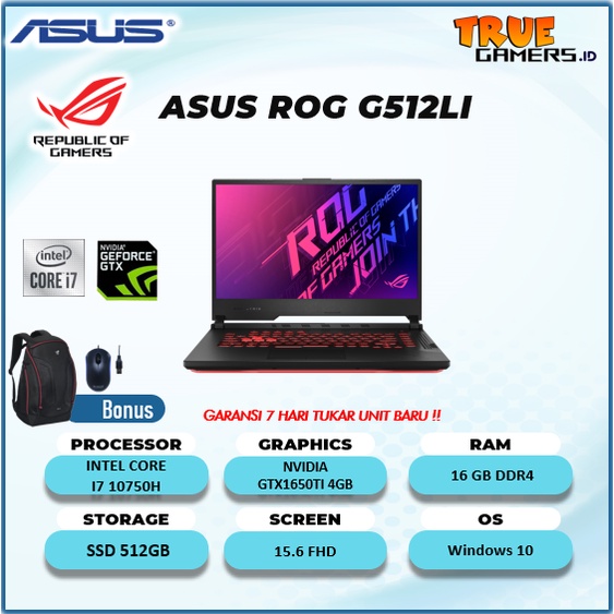 ASUS ROG G512LI GTX1650TI 4GB  I7 10750 16GB 512SSD  W10 15.6FHD