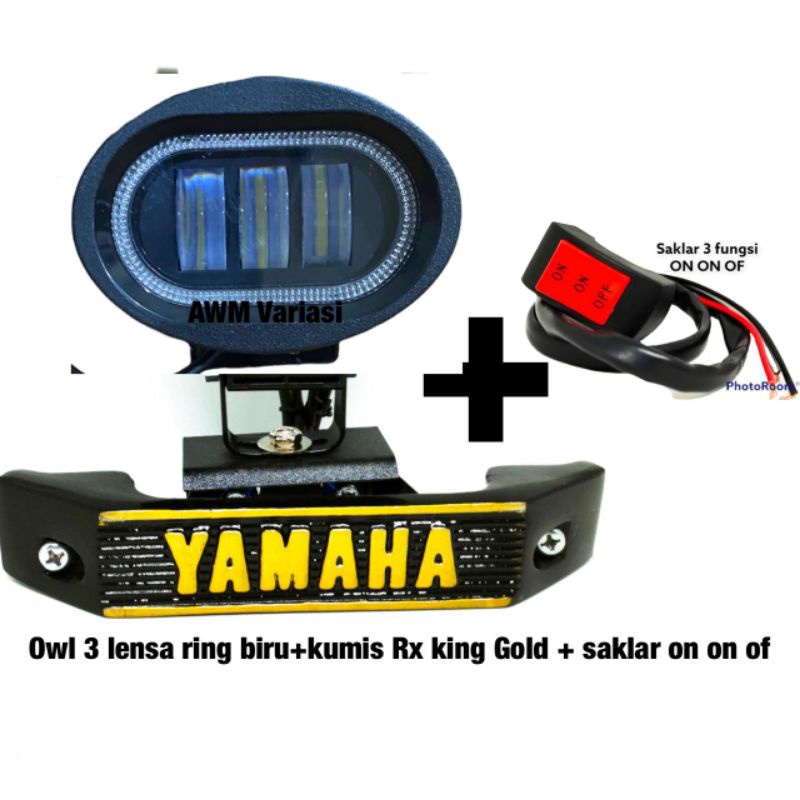 PAKET LAMPU TEMBAK DAYMAKER / OWL 3 LENSA BULAT SPOT LIGHT SUPER TERANG + KUMIS RX KING + SAKLAR + LAMPU STOP BELAKANG