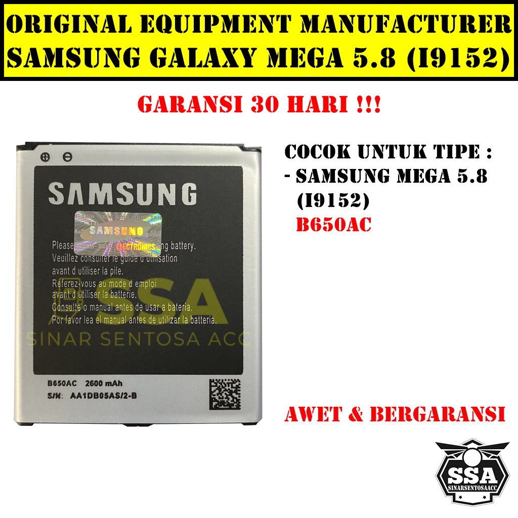 Baterai Original OEM Samsung Galaxy Mega 5.8 I9152 5.8&quot; 5,8&quot; 5,8 I 9152 B650AC B650 HP Ori Battery Batrai Batre Batu Batere GARANSI AWET MURAH