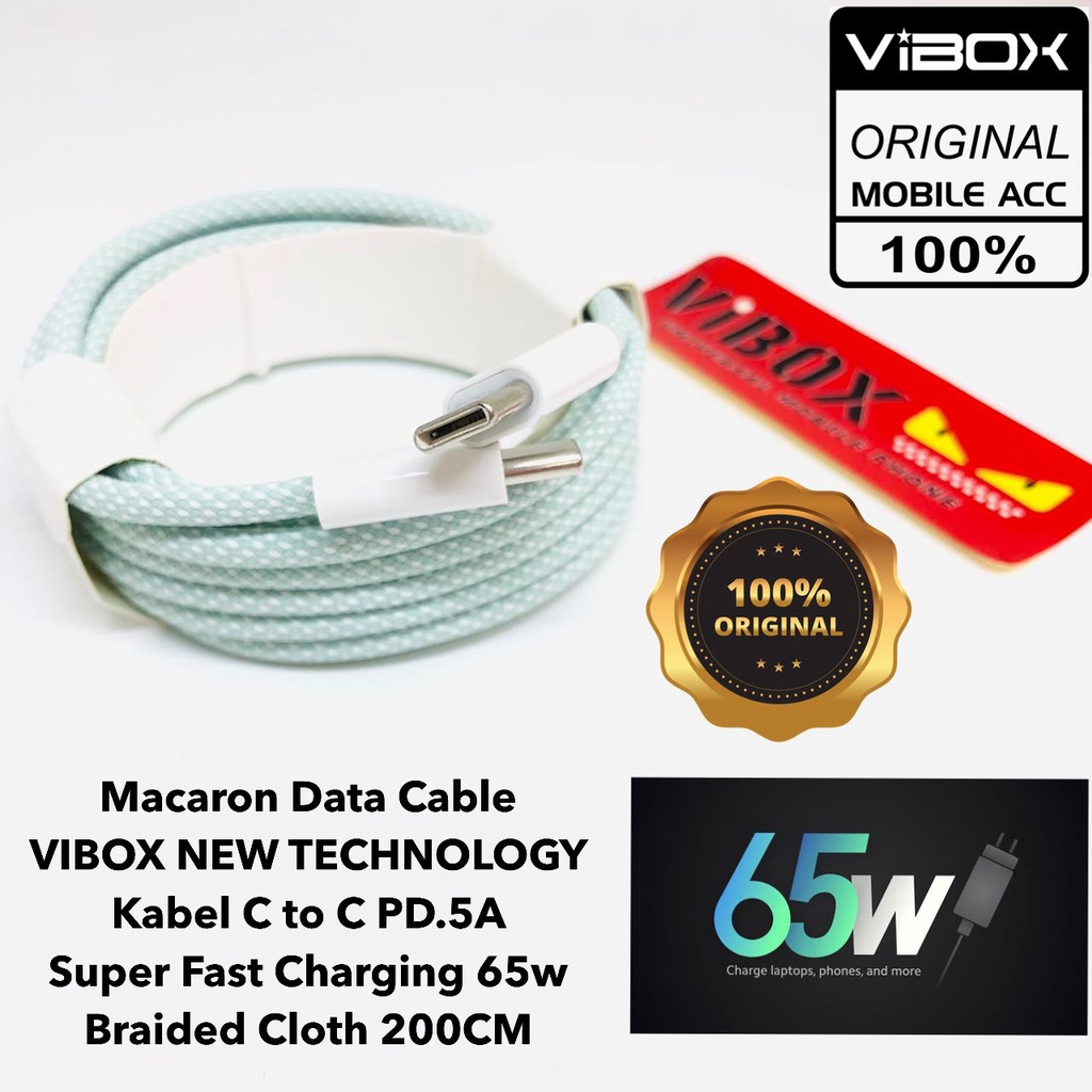 PROMO 200CM Macaron Data Cable VIBOX NEW TECHNOLOGY Kabel C to C PD.5A Super Fast Charging 65w  Braided Cloth 200CM sultan