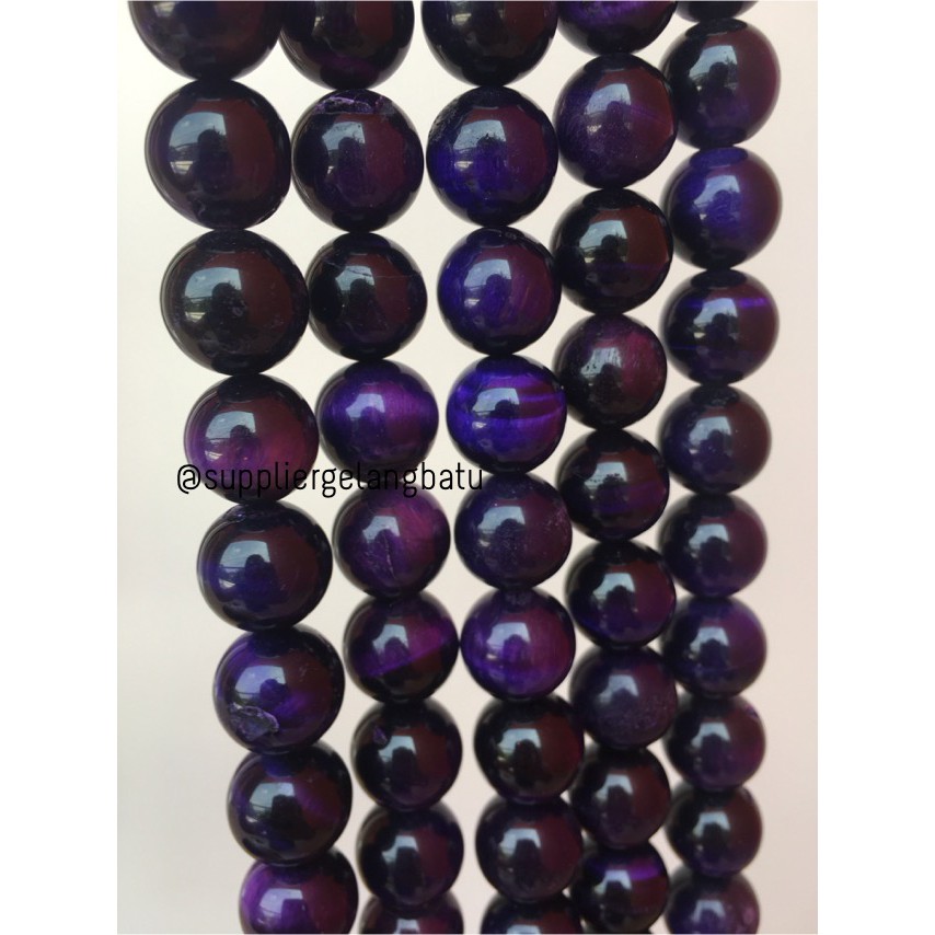 Purple Tiger Eye Biduri Sepah Ungu Mata Singa 14mm Natural Akik Bahan Serat Emas Gold Bahan Aksesori