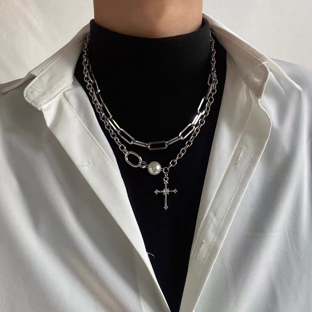 YEEZII Kalung Rantai Choker Liontin Salib Kristal Mutiara Lapis Ganda Warna Silver Untuk Aksesoris Perhiasan