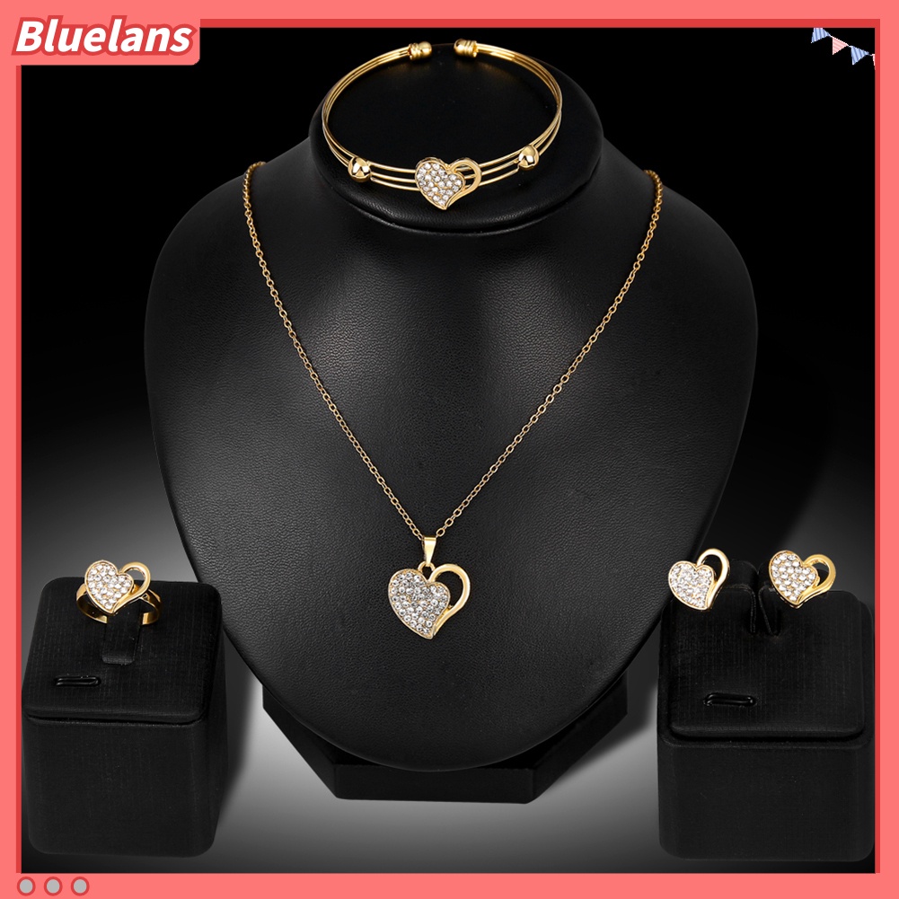 Bluelans Rhinestone Hollow Love Heart Necklace Bangle Ring Earrings Banquet Jewelry Set