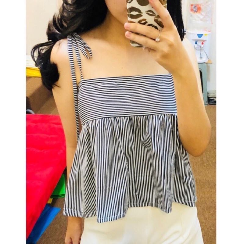 [Ready Stock] Baju Import Longsleeve White Navy Black Stripes Sabrina Tube Tank Top Ribbon Pita Outfit Summer Bali