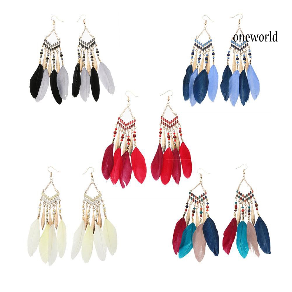 OW@ Vintage Long Dangle Feather Boho Hook Earrings Women Charming Jewelry Gift