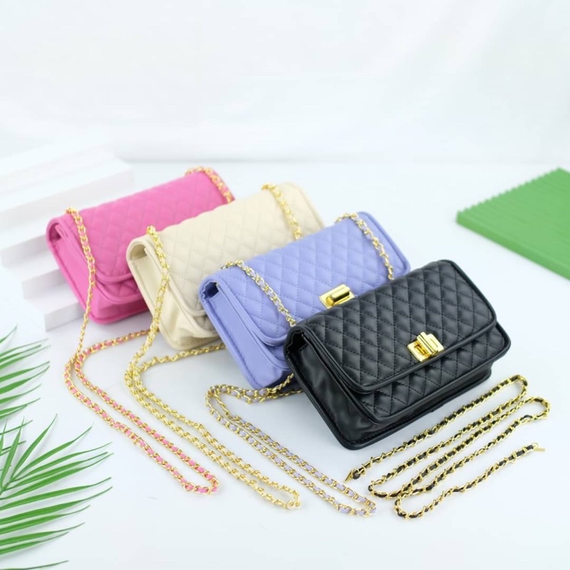 Tas Selempang Kulit Rantai Wanita CK Clutch Leather Slingbag with Chain Premium Import Hitam Black P