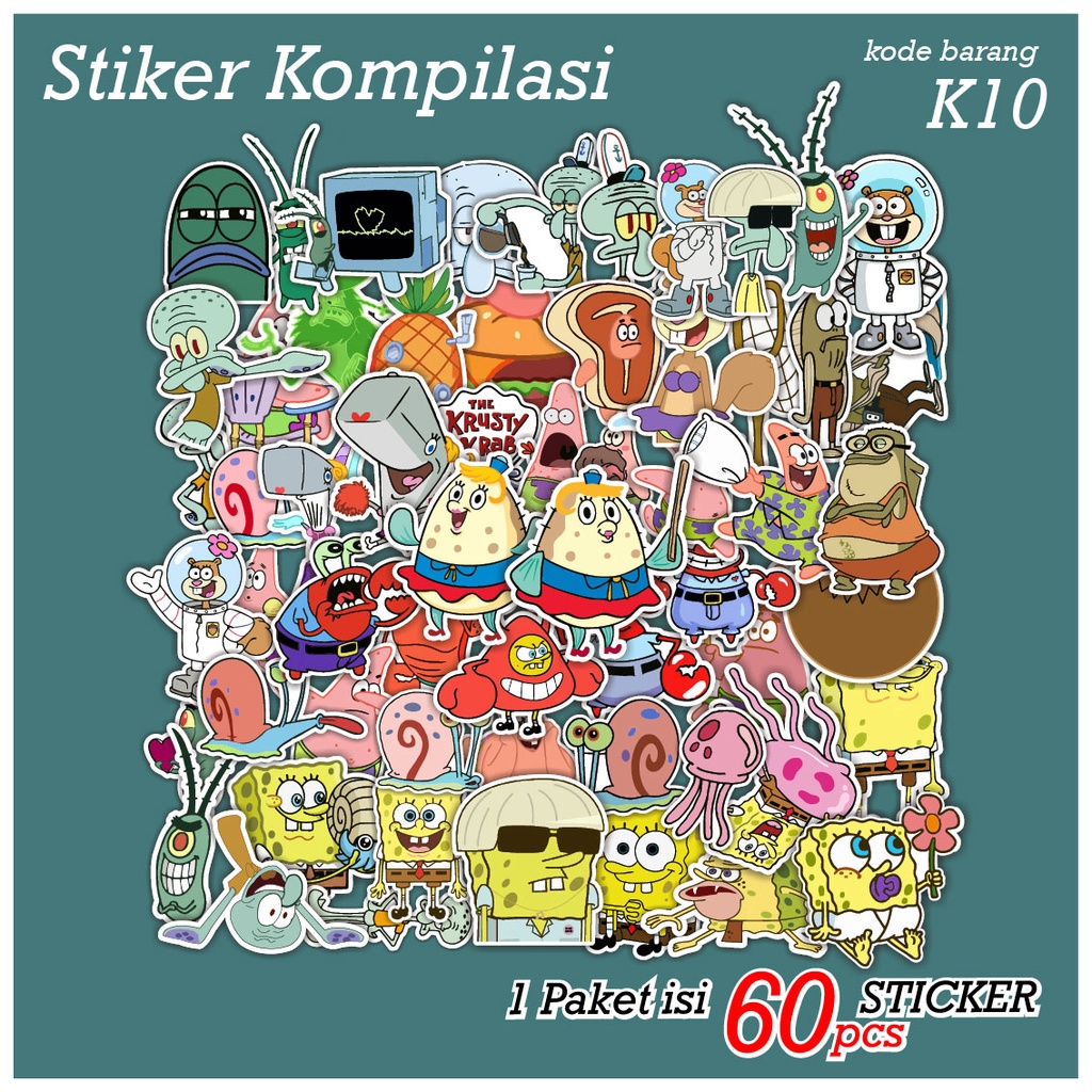 60 PCS STICKER KARTUN SPONGEBOB PATRICK SQUIDWARD SANDY TUAN KRABS GARY PEARL MR. PUFF LUCU AESTHETIC - STIKER ANTI AIR UNTUK CASE TUMBLER LAPTOP KOPER HP SCRAPBOOK - K10