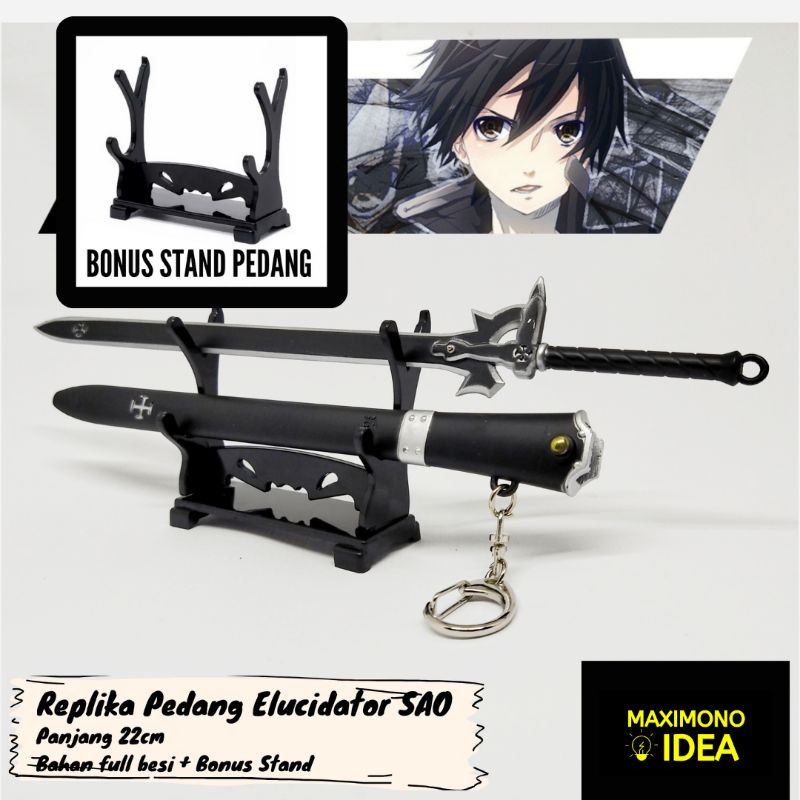 Miniatur Pedang Kirito Elucidator anime SAO Sword Art Online ukuran mini gantungan kunci bonus Stand Pedang Pajangan Stainless Steel 22 cm