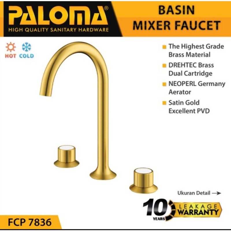 PALOMA FCP 7836 Keran Air Panas Dingin Kran Wastafel Cuci Tangan Bak Sink 3 Lubang SATIN GOLD