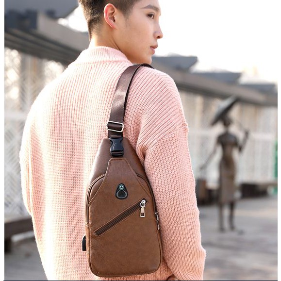 Tas Selempang Kulit Pria Import USB Port Slempang Chest Bag Sling bag