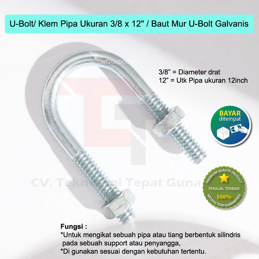 U-Bolt 3/8 x 12 Inch Clamp Pipa Galvanis / Baut Mur U-Bolt
