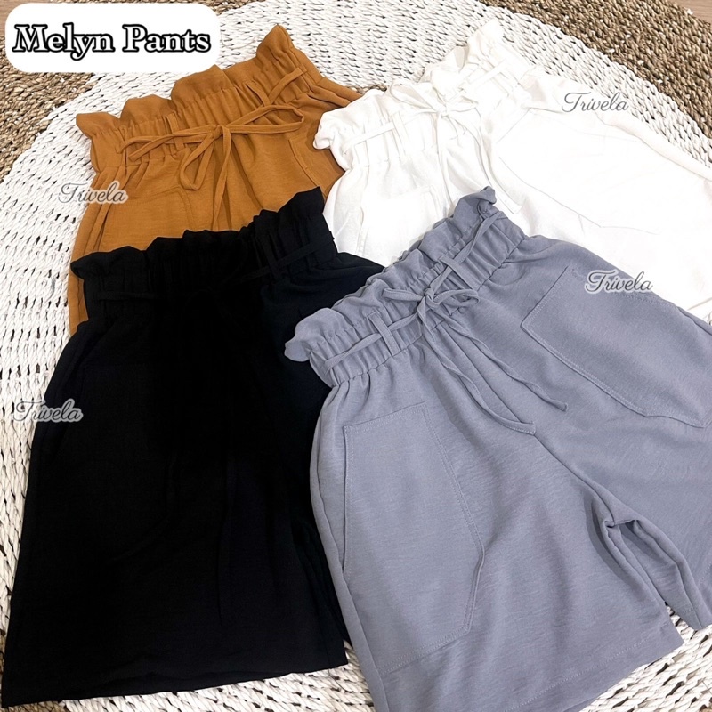 TRIVELA - Celana Pendek Wanita Hotpants Highwaist Crinkle Pinggang Karet / Melyn Pants / SJJ