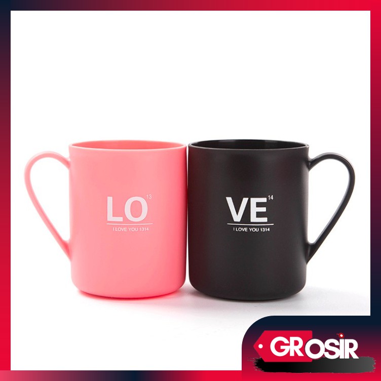 Grosir - (1 PCS) H622 Gelas Couple Plastik LOVE / Gelas Couple Black White and Tosca Pink