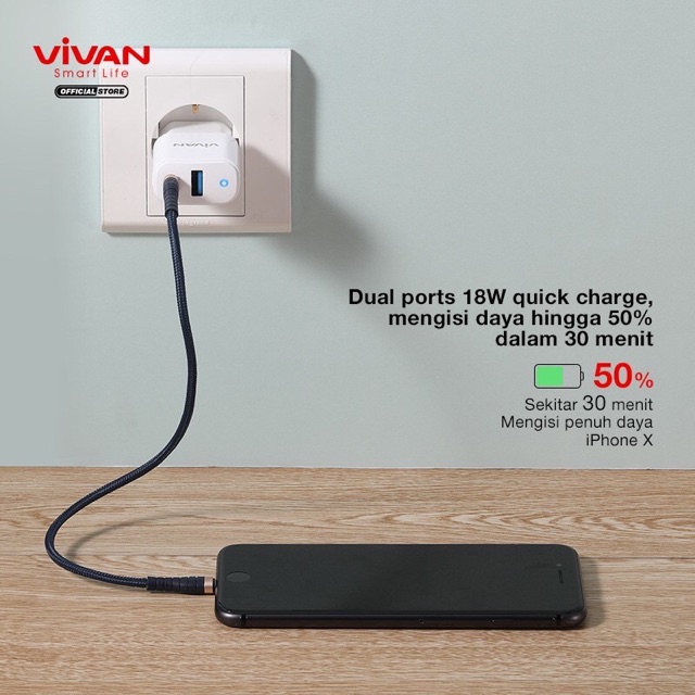 ORIGINAL BATOK Charger VIVAN Dual Port USB (QC3.0) &amp; Type-C (PD) Fast Charging 3A 18W Garansi 1 Tahun Power Super II POWERSUPER 2