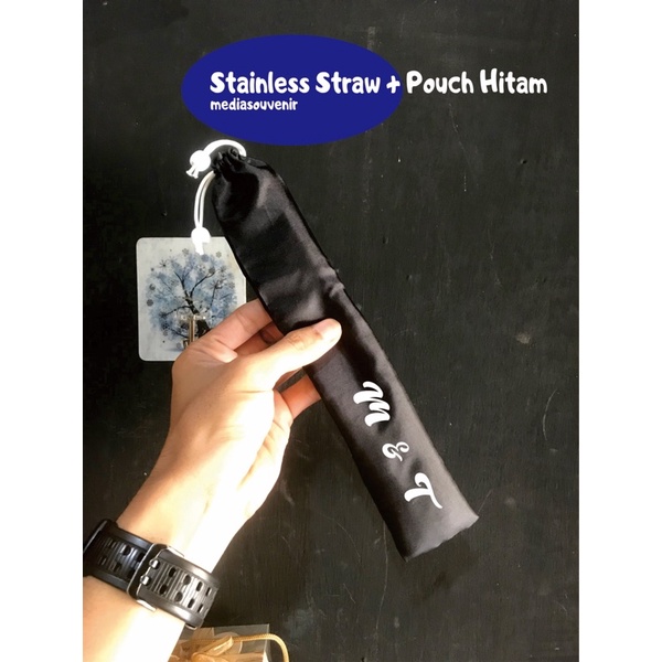 Souvenir Stainless Straw + Pouch Hitam + Sablon