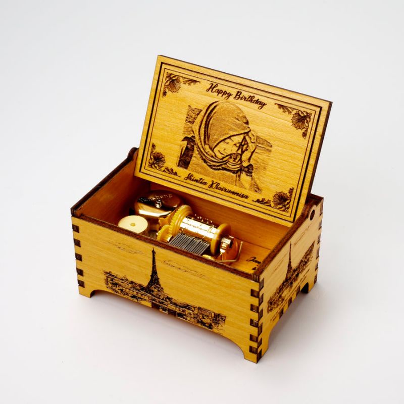 Kotak Musik Kayu Besar Otomatis Ukir Foto dan Tulisan