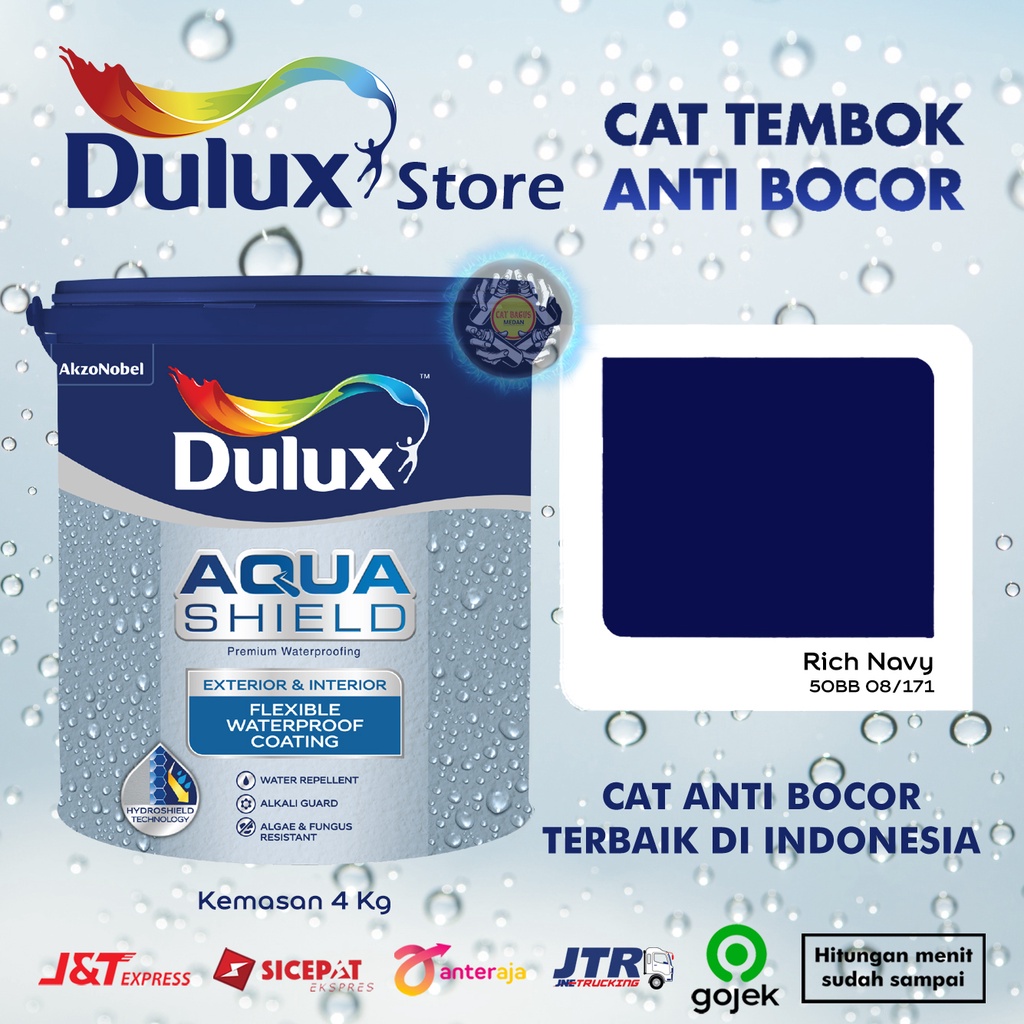 CAT TEMBOK ANTI BOCOR DULUX AQUASHIELD 2X LEBIH KUAT TAHAN CUACA WARNA RICH NAVY 50BB 08/171 BIRU TU