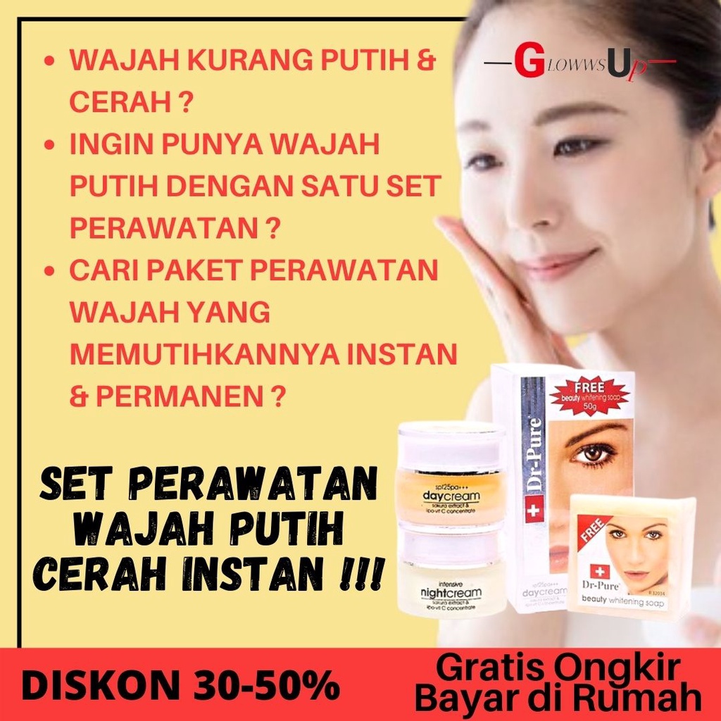 CREAM PENCERAH WAJAH DR PURE SET WHITENING CREAM KRIM SIANG MALAM PERAWATAN WAJAH