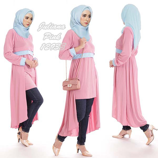 BAJU MUSLIM GAMIS SYARI ATASAN MUSLIM JULIANA SPANDEX ADEM WARNA PINK DAN NAVY