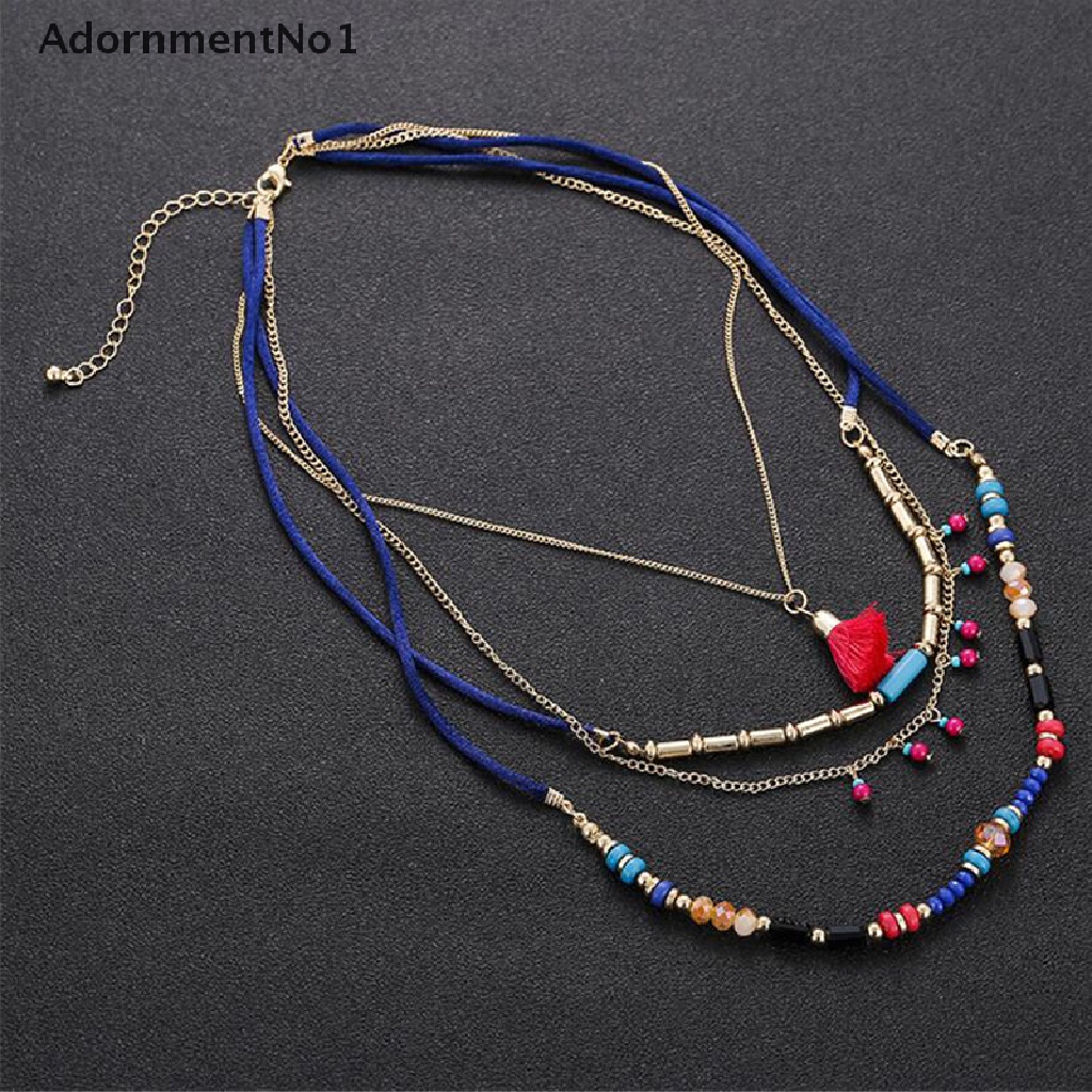 (AdornmentNo1) Kalung Choker Rantai Banyak Lapis Aksen Rumbai Manik-Manik Warna-Warni Gaya Bohemian Etnik Untuk Wanita