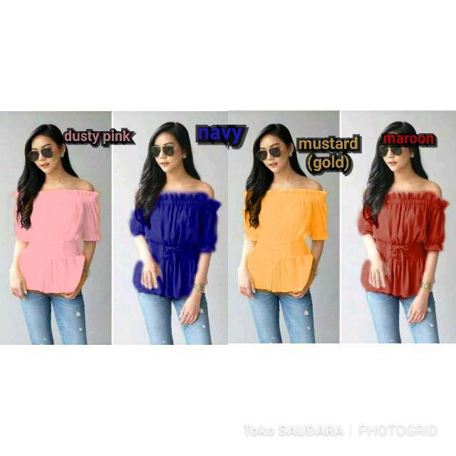 Blouse sabrina lengan pendek tali pinggang