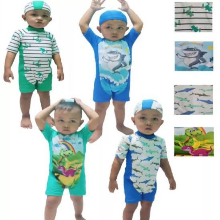 Baju Renang Bayi 1-2 th Diving SHARK DINO PAUS SEA HORSES SAPI MOO PENGUIN PLAMINGO UNICORN polos