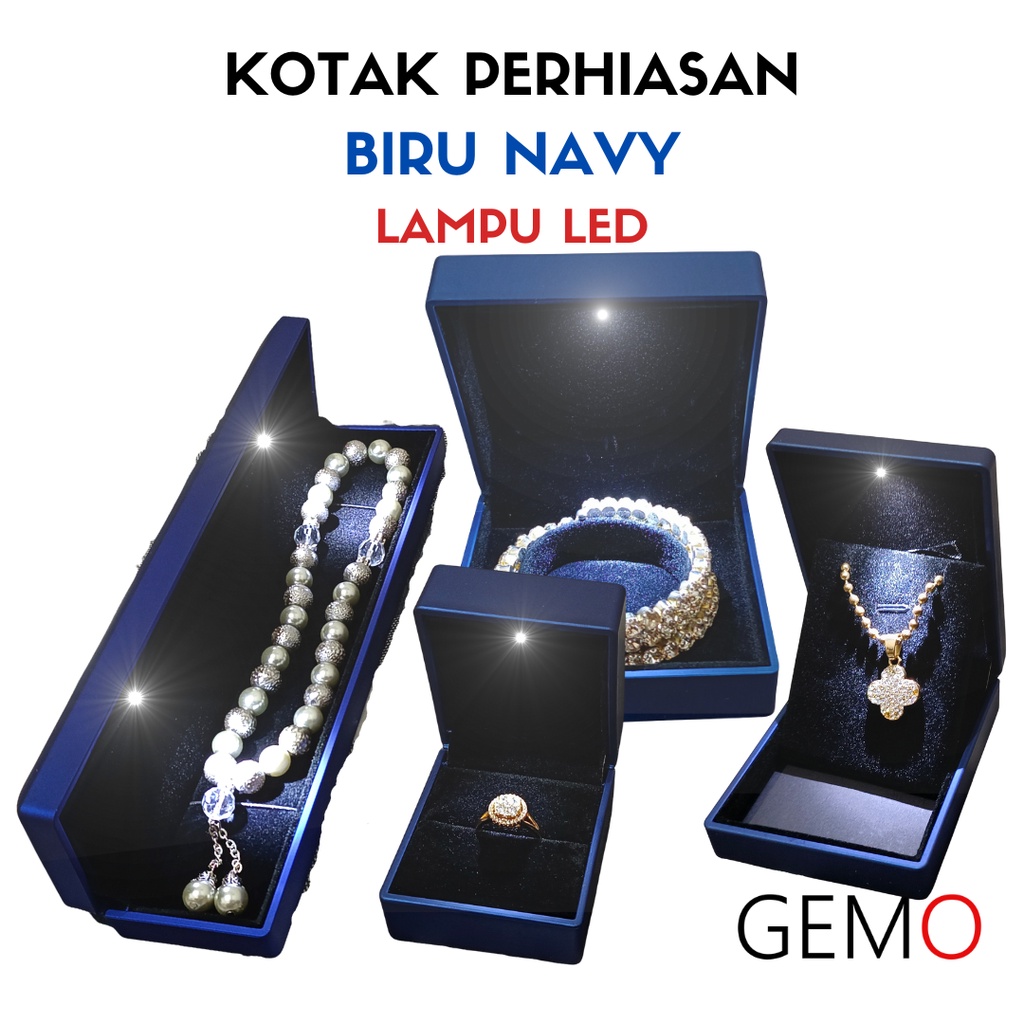 Kotak Perhiasan Berlampu Warna Biru Navy Set / Cincin / Liontin / Gelang / Kalung Koye / Jewelry Box Tempat Perhiasan Lampu LED Murah Cocok Untuk Gift / Hadiah, Lamaran, Mahar Pernikahan, Hantaran Tunangan, Seserahan Pernikahan