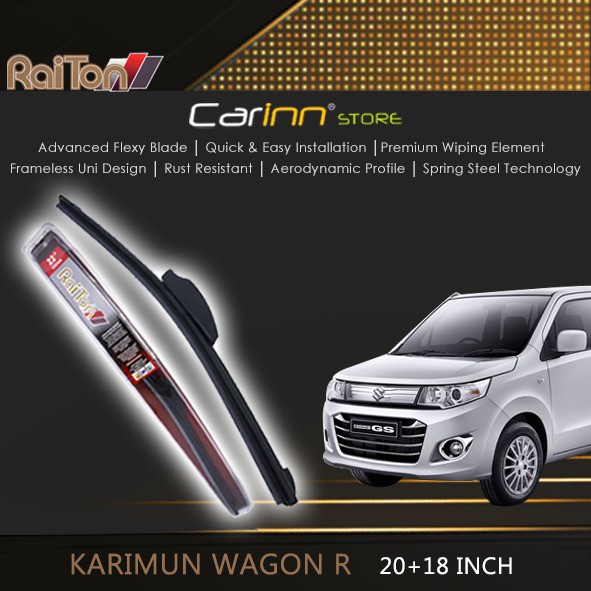 Raiton Sepasang Wiper Frameless Full Karet Kaca Depan Karimun Wagon R 20" & 16" -2 Pcs