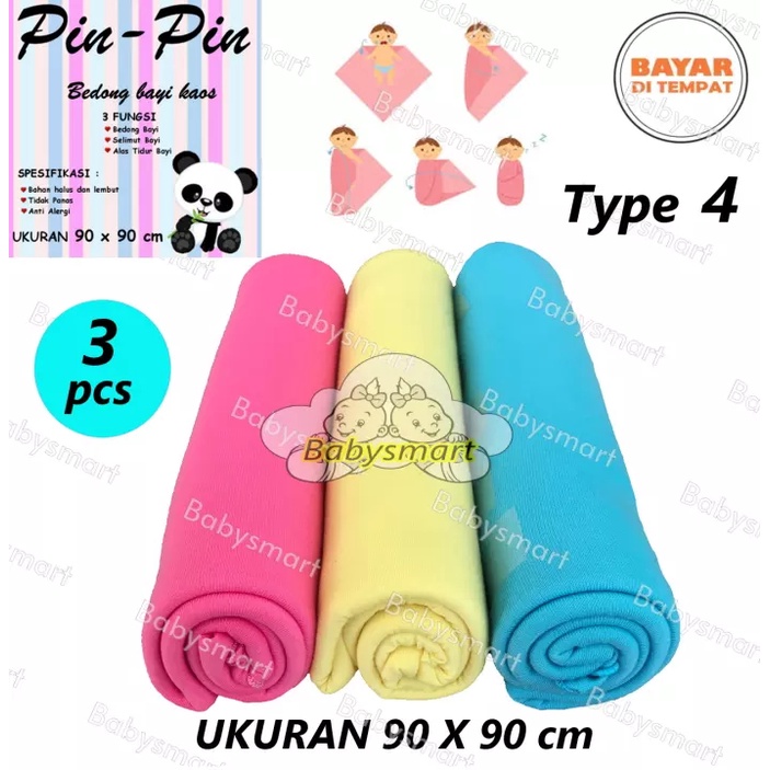 Babysmart - 3 Pcs Bedong Bayi Kaos PIN PIN Multi Colour Size 90 x 90 cm/Selimut Bayi/Alas bayi/Alas kereta/perlengkapan bayi