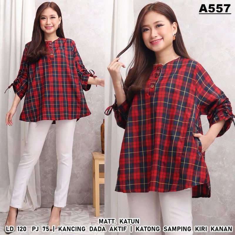 JUMBO BLOUSE WANITA KATUN LD 120 MOTIF KOTAK TANGAN SERUT