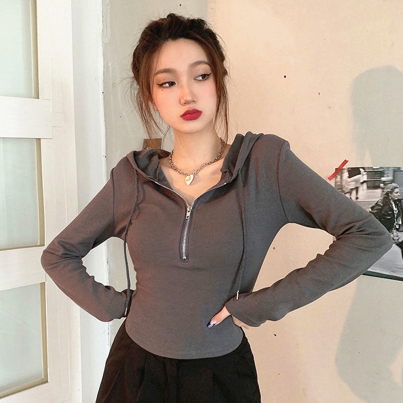 Suhao Pure Desire Top Wanita Sweater Musim Semi Baru Fashionable Tinggi Pinggang Slim Hooded Lengan Panjang