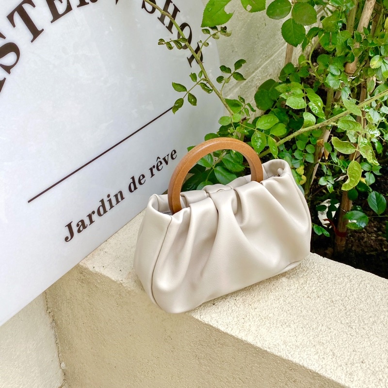 KOREAN PLEATED HAND BAG WITH WOODEN HANDLE