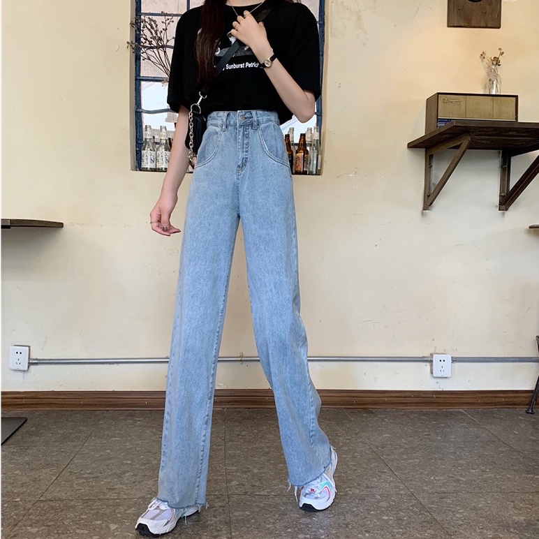 Impor korean new unfinished high waist straight leg jeans celana jeans panjang wanit