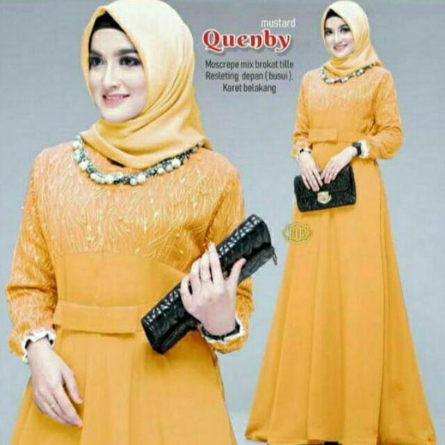 Gamis Pesta Jumbo LD 120 Quenby Ori Shofiya Gamis Brukat Prita Syar'i asdf Muslim Wanita Terbaru-Mustard