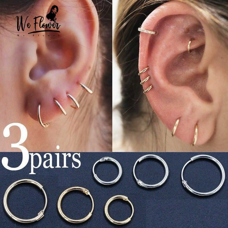 We Flower 3 Pairs/Set s925 Silver Unisex Punk Small Hoop Earrings Women Men Fashion Ear Jewelry