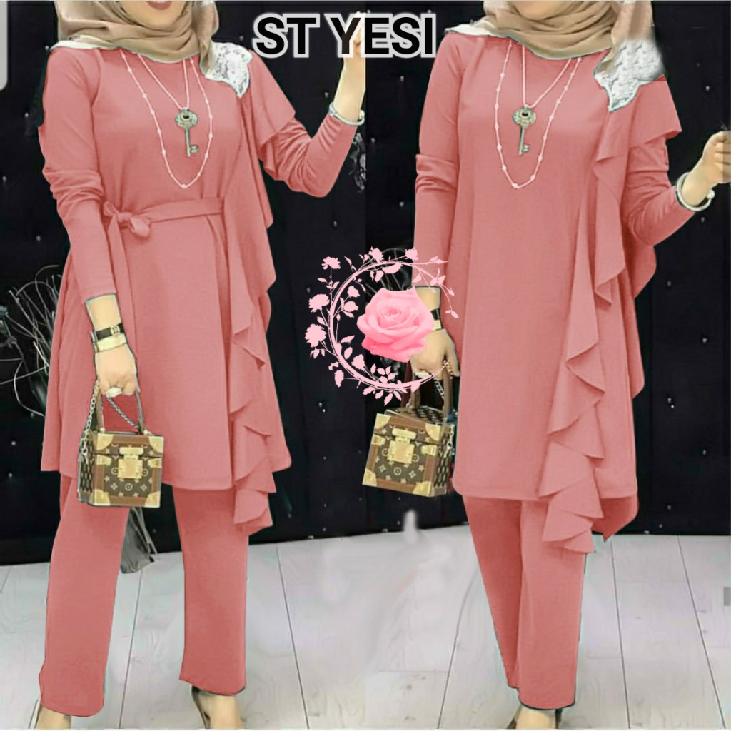 ST YESI/ SETELAN WANITA HIJAB SIZE L, XL, 2XL/ ONE SET BAHAN MOSSCREPE/ SET WANITA LENGAN PANJANG TERBARU-SALEM