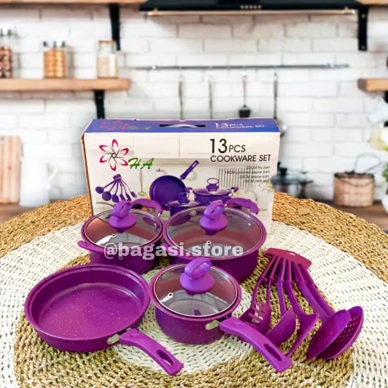 Cookware Set 13 Pcs Panci Set Marble Dengan Spatula Milkpan Warna Ungu Merah