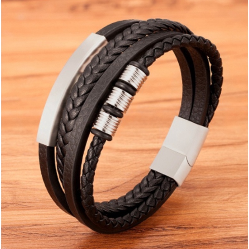 Gelang Kulit Multilayer Bahan Stainless Steel Gaya Klasik Untuk Pria