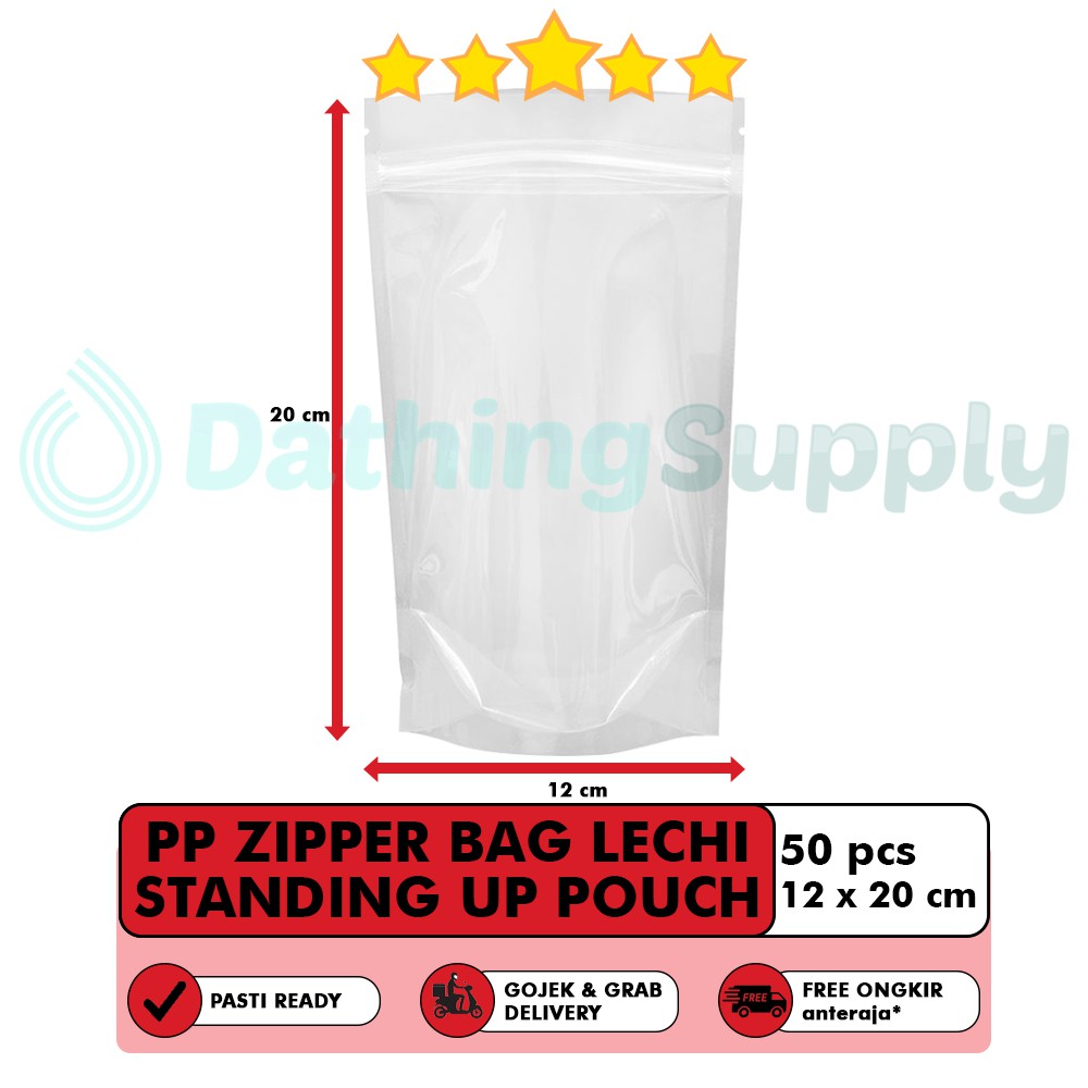 Plastik PP Standing Up Pouch Ziplock 12 X 20 CM / 12x20 cm/ Kemasan Berdiri Bening Transparan isi 50