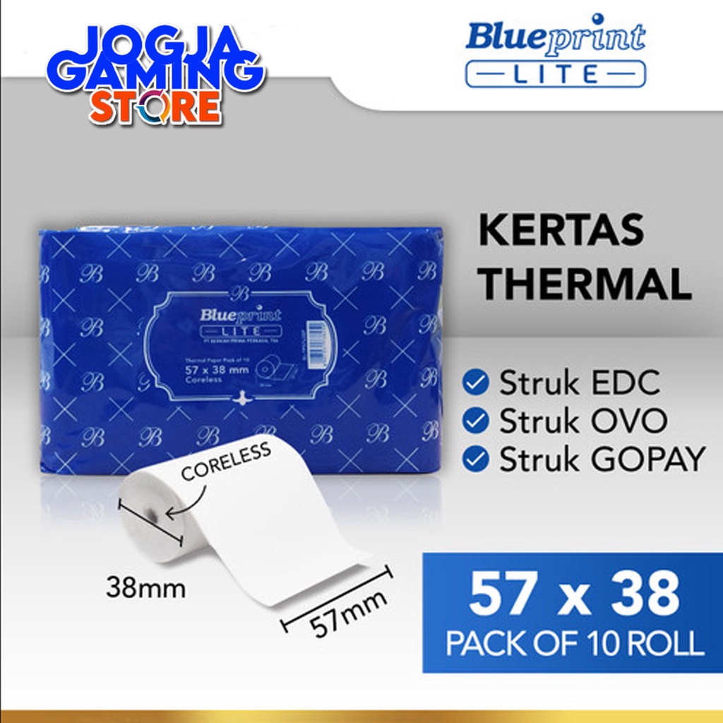 

Kertas Thermal / Kertas Kasir / Kertas Struk BLUEPRINT LITE 57x38 mm - 1 Pack Isi 10 Roll