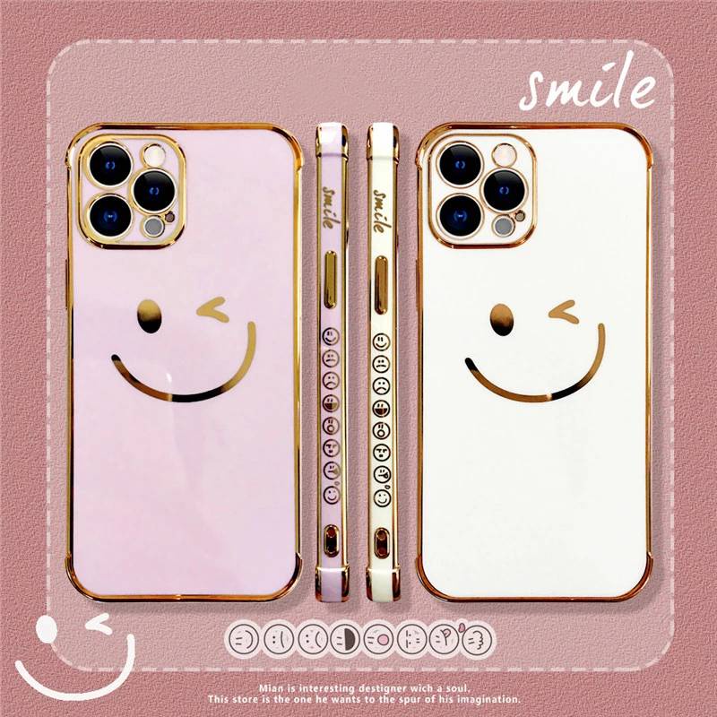 Soft Case Pelindung Motif Wajah Tersenyum Dengan Tali Tangan Electroplating Untuk Iphone 13 12 11 Pro Max X Xs 7 8 Plus Xr