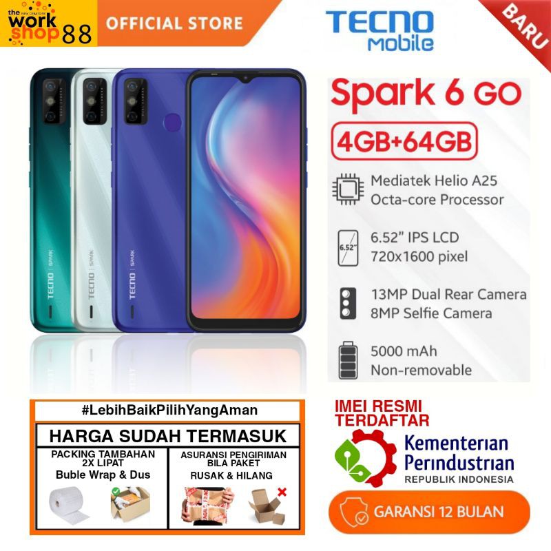 HP Tecno Spark 6 GO 4G Ram 4 GB 64 GB Octa core 1.8GHZ 5000mAh