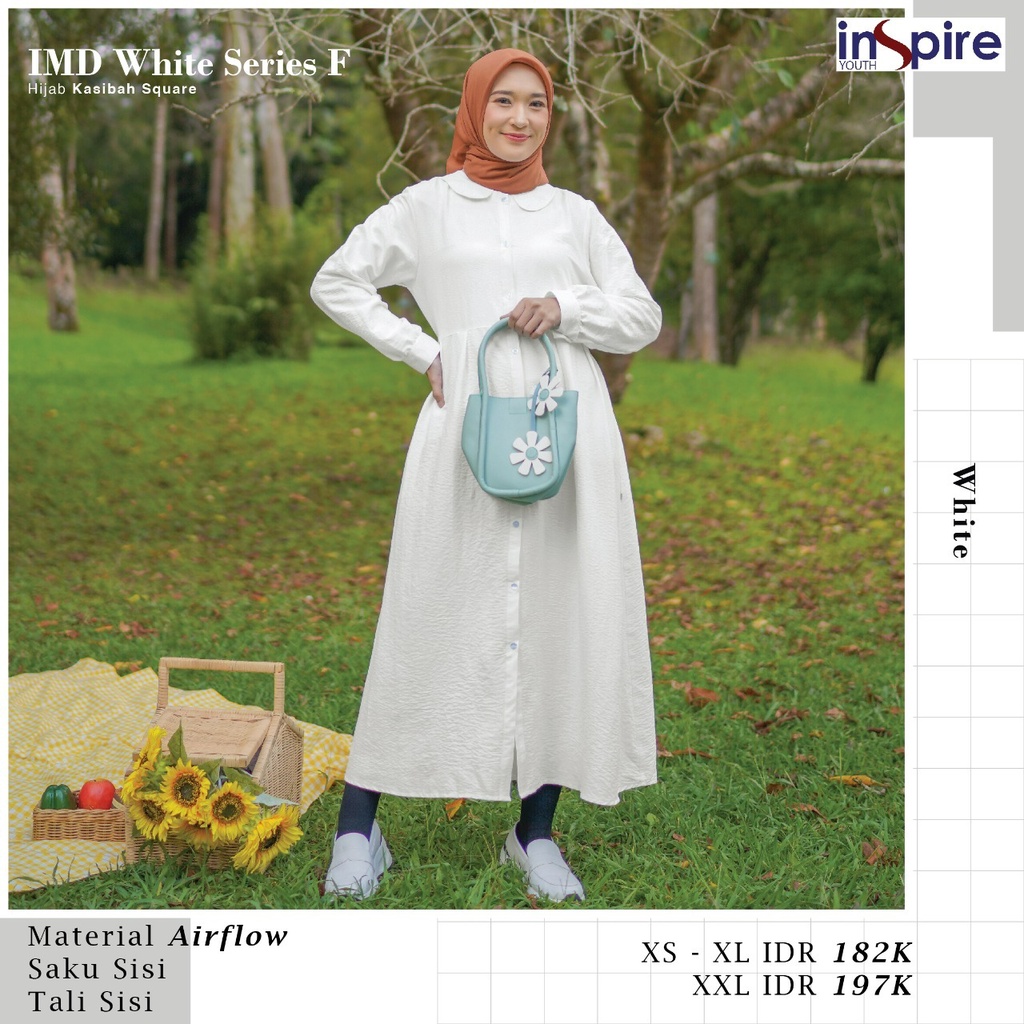 Inspire Midi Dress IMD 001 White Series F Bahan Airflow Model Terbaru dan Simple