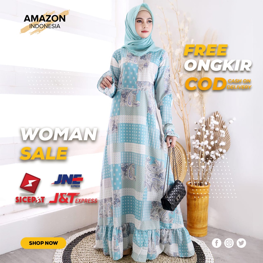 MAXI DRESS WANITA MODEL PANJANG WARNA BIRU STYLE CASUAL BAHAN WOLFIS PREMIUM KUALITAS BAGUS ORIGINAL