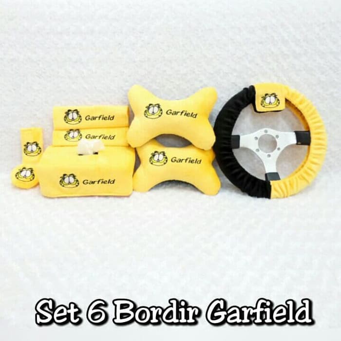 SET BANTAL HEADREST SANDARAN KEPALA JOK LEHER MOBIL BONEKA GARFIELD KUNING 6 H