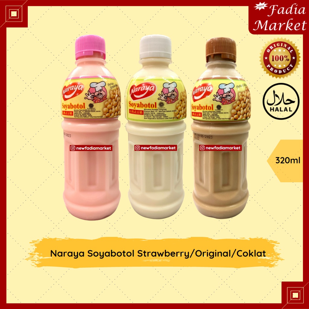 

1 Dus (24 Botol) Naraya Soyabotol Susu Kedelai 320ml – Original, Strawberry, Coklat