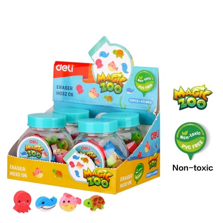 HAPPY TIME DELI ERASER PENGHAPUS MAGIC ZOO BUCKET ISI 20 PCS KARAKTER ANIMAL HEWAN LUCU MIX EH03206