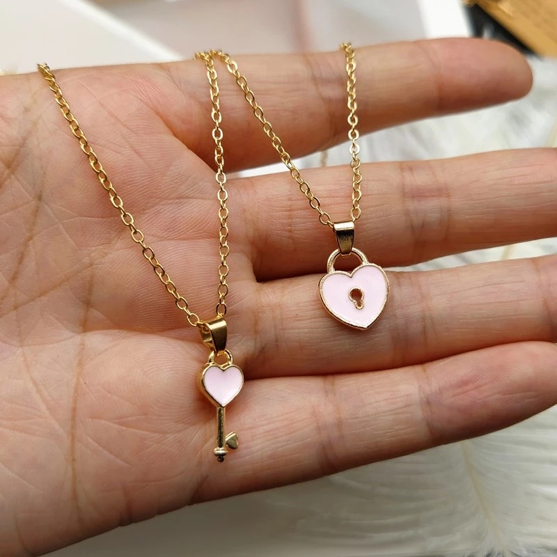 2 Pcs Pernyataan Fashion Pasangan Kalung Perhiasan Hadiah Ulang Tahun Anniversary Link Rantai Kreatif Kunci Lock Liontin Kekasih Hati Multicolor Romantis