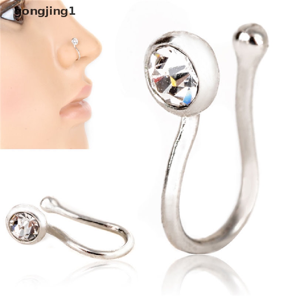 Cincin Klip Hidung Telinga Bibir Bahan Stainless Steel Aksen Kristal Untuk Wanita